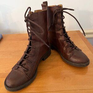 Nine West Brown Leather Froyo Faux Lace-Up Combat Boots, Size 5.5M, Side Zipper